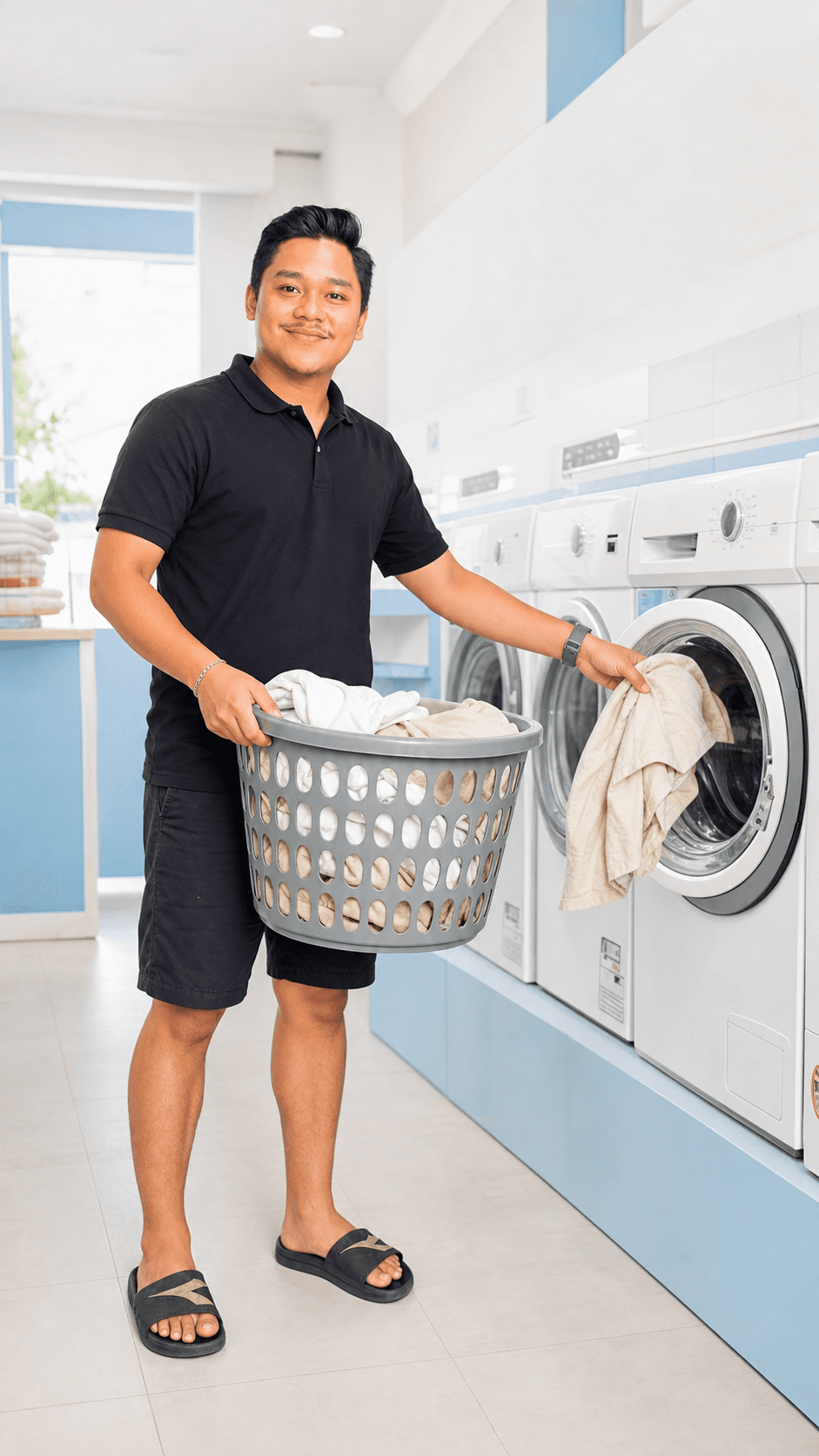 Mas Anas membawa keranjang cucian di Karya Mandiri Laundry